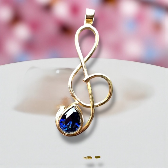 Handmade Music Sapphire Pendant Handcrafted Solid 14K Yellow Gold - Picture 1 of 11